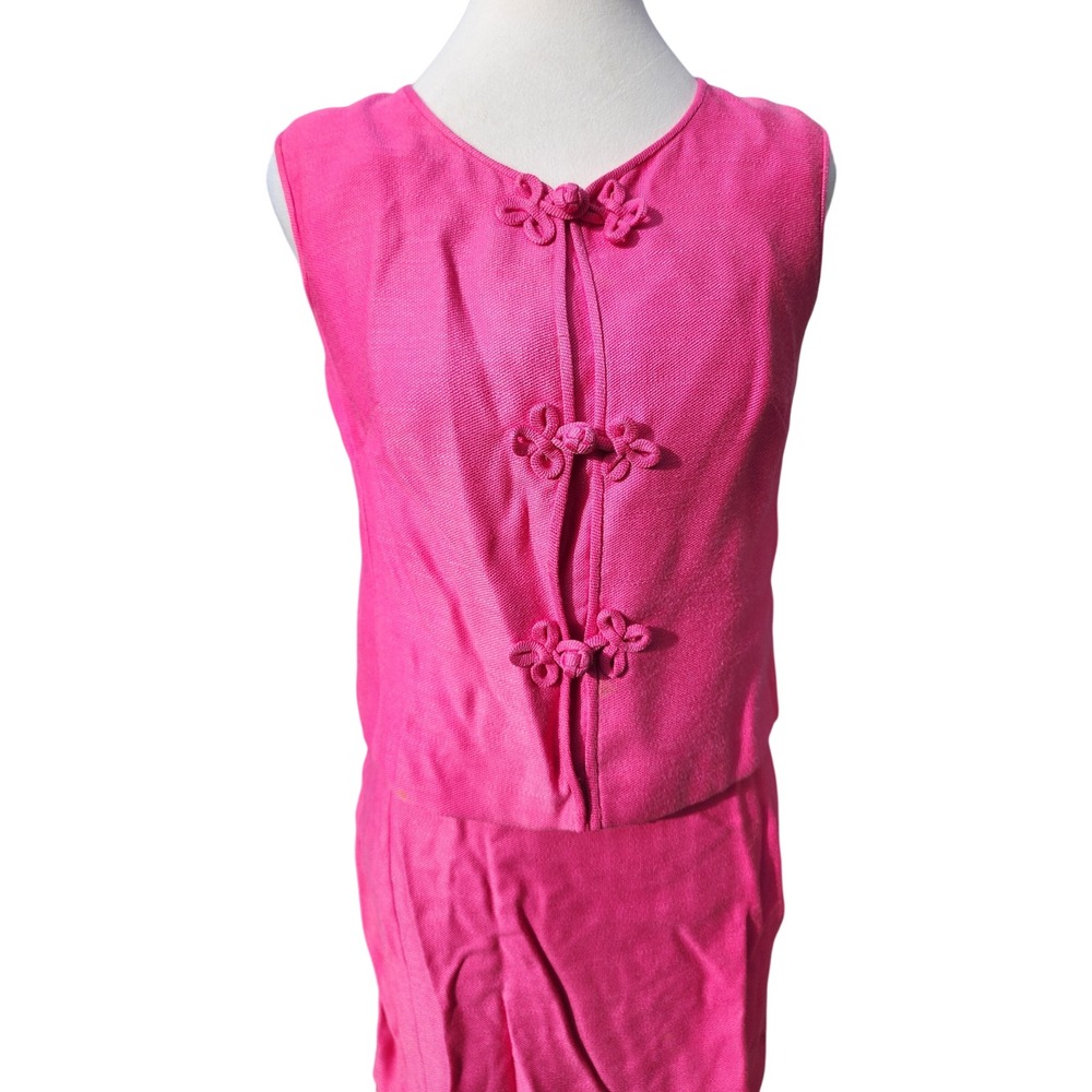 Vintage Mr Mort Hot Pink 2 Piece Dress Set Frog Closure Sleeveless Woven READ